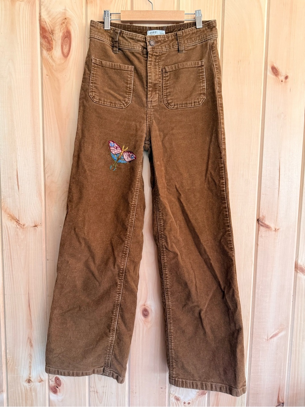 OAT New York High Rise Wide Leg Corduroy Pants Embroidered Butterfly Size 28/6